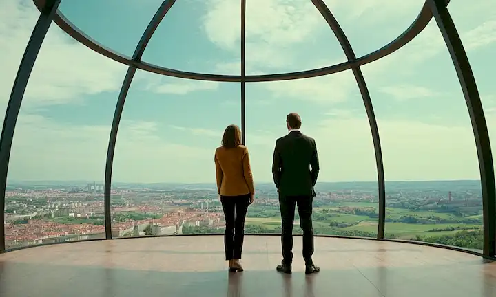 Hombre y mujer de pie dentro de una estructura abstracta frente a un paisaje panorámico que captura el paisaje urbano. Texto menciona a una pareja que enfrenta numerosos desafíos, mostrando la vida cotidiana en el país de Europa oriental con el mayor número de mujeres residentes en todo el continente europeo.