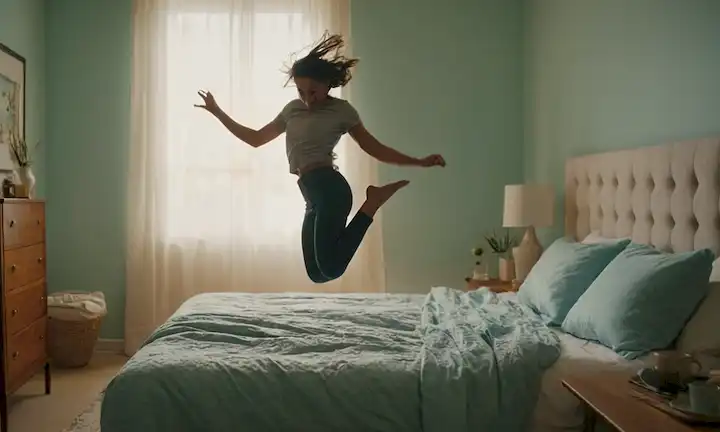 Una persona rápidamente saltando de la cama y comenzando su rutina de la mañana en segundos.