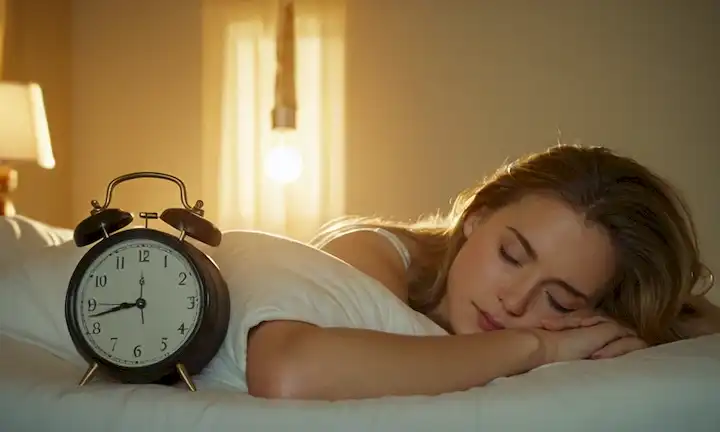 Una persona despierta cómodamente en la cama, con un reloj y luz solar de la mañana.