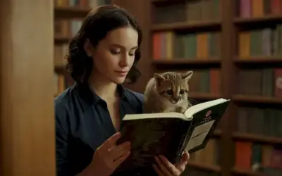 Persona leyendo a través de una guía sobre si su mascota exótica es legal y cómo cuidar de ella evitando las penas. La estantería en el fondo es visible con diferentes tipos de mascotas.