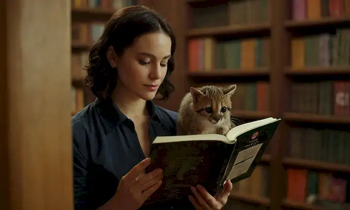 Persona leyendo a través de una guía sobre si su mascota exótica es legal y cómo cuidar de ella evitando las penas. La estantería en el fondo es visible con diferentes tipos de mascotas.