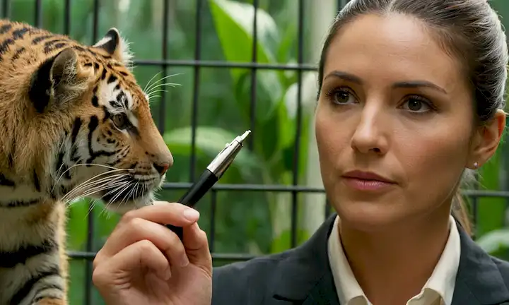 Abogado que sostiene una pluma, junto a un animal exótico en una jaula con la pregunta Legal o No Legal: Una guía integral para garantizar el cumplimiento y seguir la ley para los animales exóticos.