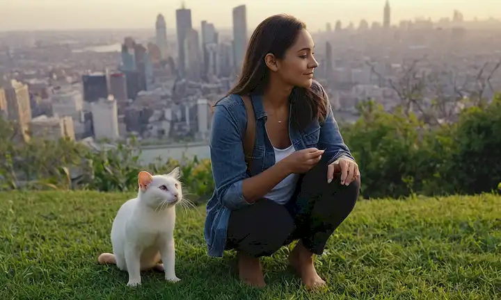 Persona con adorable mascota exótica disfrutando de un paseo en el parque rodeado de vistas a la ciudad, mientras discuten aspectos legales y humanos. Legal en (país/región) y directrices de seguridad para el mantenimiento de mascotas exóticas.