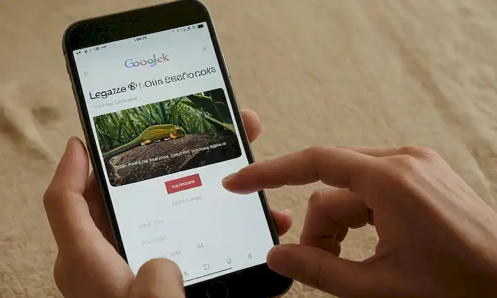 Persona usando su teléfono para acceder a una búsqueda en línea con el título mostrado. Legaliza tu exótica guía online para multas, cumplimiento y requisitos legales. (Esta fue una breve descripción ficticia para un contexto dado).