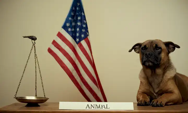 Título Derechos de los animales con bandera y escala, mientras discuten las implicaciones de no seguir una ley de bienestar animal.