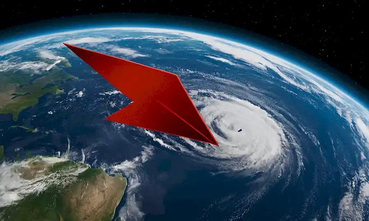 3D Tierra desde el espacio con nubes, océanos azules y bosques verdes; fragmentos de vidrio roto y residuos plásticos girando alrededor de ella; una línea débil que separa el planeta del vacío del espacio exterior; una flecha apuntando hacia la Tierra con una punta roja que indica urgencia; sutil gradiente de colores que sugieren cambio climático