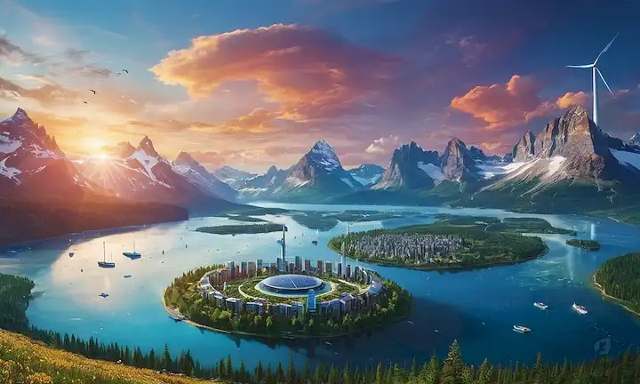 Un planeta azul sereno Tierra rodeado de vibrantes aurora borealis, con una flota de paneles solares, turbinas e hidroeléctricas que generan energía limpia; bosques exuberantes cubren la mitad de la tierra, teemiendo con diversas especies silvestres, incluyendo aves voladoras, peces nadadores y animales itinerantes; en primer lugar, un paisaje urbano con techos verdes, árboles torrentes y calles llenas de seres humanos sonrientes