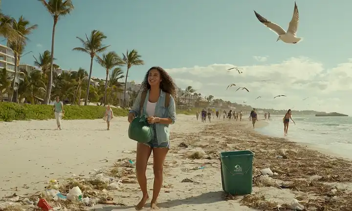 Un joven sonriendo mientras recoge basura en una playa, rodeado de amigos y voluntarios, con gaviotas volando sobre la cabeza, un cielo azul con nubes blancas y palmeras balanceándose suavemente en el viento