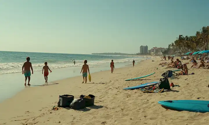Limpieza de la playa en progreso, voluntarios sonrientes que sostienen bolsas de basura, las manos agitando la cama,<center><img data-lazyloaded=