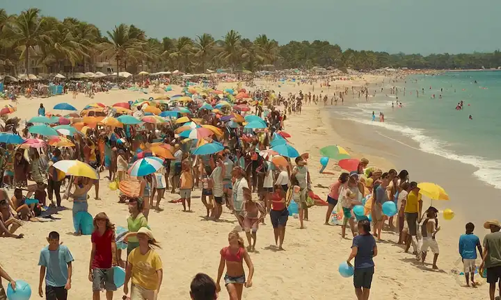 esfuerzos de limpieza de la playa, voluntarios sonrientes, niños participantes, botes de basura desbordantes, playas libres de basura, futuro sostenible, paraguas de playa de colores, gente tomando el sol, bolas de playa volando alta, comunidad feliz, un sentido de pertenencia