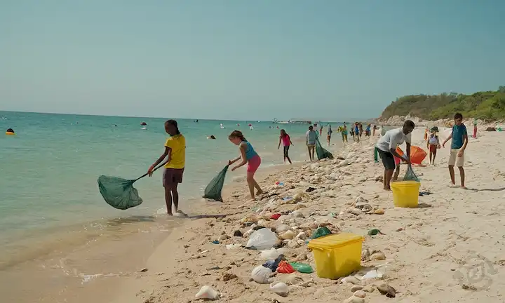 Personas sonrientes, limpieza de la playa, botes de basura desbordados, bolsas de plástico flotando en agua, niños con redes de sujeción, manos clasificando reciclables, voluntarios levantando cargas pesadas, conservacionistas de la naturaleza inspeccionando costa, paraguas de playa y baño de sol, niños jugando con marismas, criaturas marinas nadando libremente