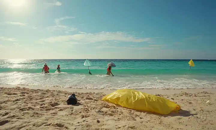 5-6 personas en chaquetas de colores brillantes que sostienen bolsas de basura y redes, encendiendo en agua turquesa con sombrillas de playa y sombreros de sol en la orilla, olas suavemente lapping, gaviotas volando sobre la cabeza, playa sin basura estirando hacia el horizonte
