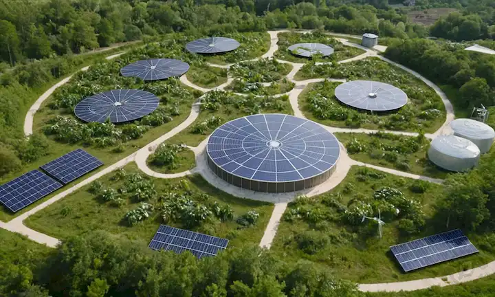 3D fábrica trash-to-treasure, bucle de economía circular, símbolos de reciclaje, engranajes interconectados, plantas verdes que crecen de residuos, paneles solares proceso de alimentación, gente feliz trabajando juntos