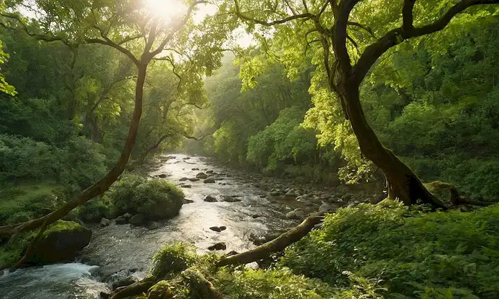 Árboles en un bosque con hojas verdes exuberantes, árboles rodeados de fauna, un río que fluye, aves encaramadas en ramas, raíces de árboles que sostienen el suelo juntos, flora diversa, luz solar filtrando a través de canopy, sombra de suelo forestal
