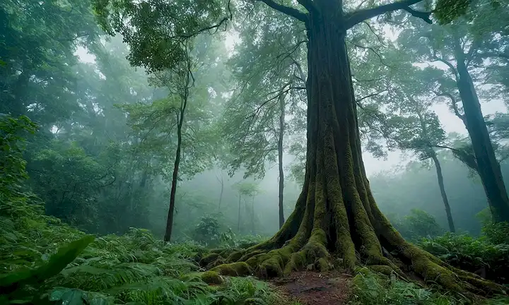 Un bosque con vegetación exuberante, follaje denso, y árboles torrentes de pie alto, las raíces se extienden de ancho, con gotas de agua brillando sobre las hojas, suelo oscurecido por las sombras de los árboles, y un toque de cielo azul por encima, rodeado de nubes malvadas que llevan agua de lluvia, simbolizando la interconexión de la naturaleza