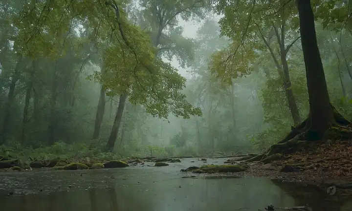 Árboles rodeados de nubes, hojas que liberan gotas de agua, lluvia que caen de arriba, canopy bosque reflejado en el agua, atmósfera defectuosa, colores naturales, no personas o edificios a la vista, énfasis en la interconexión de árboles y lluvia, formas orgánicas, tonos terrenales
