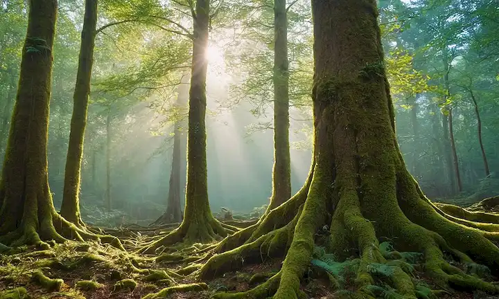 Árboles, hojas, ramas, vegetación, bosque, naturaleza, luz solar, sombras, tierra, suelo, gotas de agua, lluvia, precipitación, medio ambiente sostenible, ecológico, biodiversidad, hábitat, ecosistema<center><img data-lazyloaded=