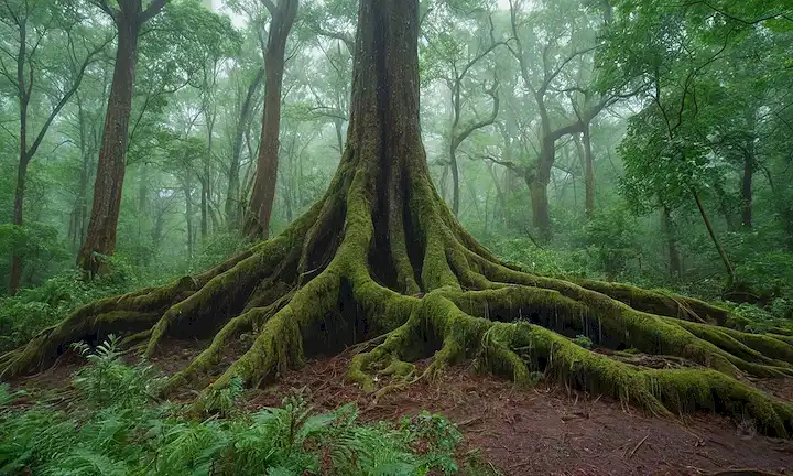 troncos de árboles retorcidos por fuertes lluvias, raíces expuestas, hojas dispersas entre nubes, suelos forestales saturados con agua, vegetación balanceándose violentamente en fuertes ráfagas, copas de árboles dobladas hacia el suelo, ramas enredadas junto bajo agua, gotas de lluvia brillando sobre los voluminosos