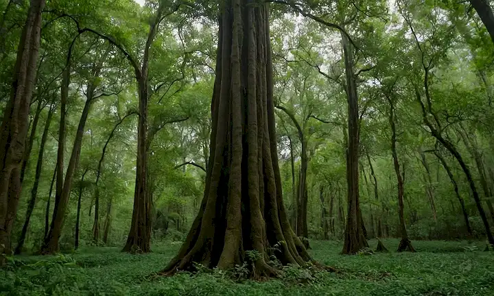 Árboles de alto alto con bucles frondosos, gotas de agua que brillan sobre hojas, raíces que se extienden en todas direcciones, erosión del suelo, vegetación que prospera en medio de lluvias, naturalezas armonía, equilibrio ambiental, sostenibilidad