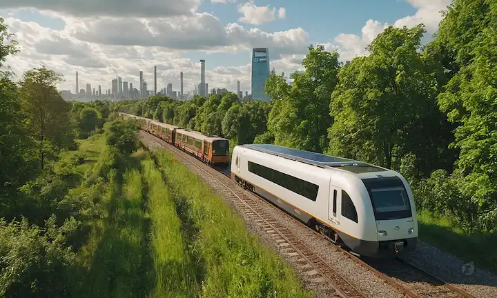 Tren 3D o barco de carga en movimiento, rodeado de vegetación, paisaje urbano con vehículos eléctricos, paneles solares, instalaciones de reciclaje, gente ciclismo, árboles, nubes, cielo azul