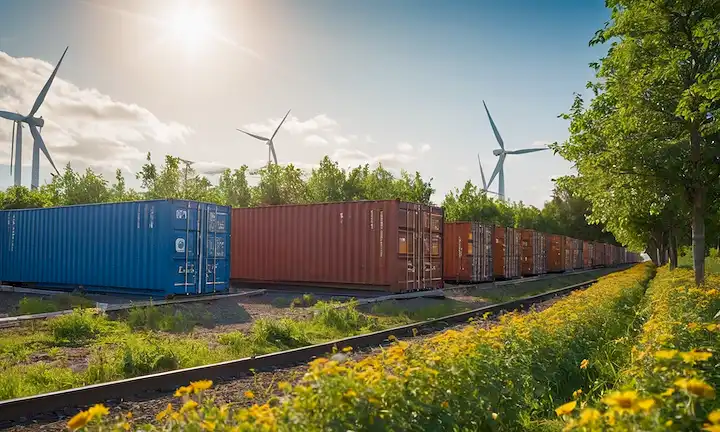 Tren 3D en una sierra verde, con paneles solares y turbinas eólicas en el fondo, rodeado de árboles y flores silvestres, un cielo azul con nubes blancas, un símbolo de reciclaje o un globo con un perfil verde, un carro de carga que transporta divers<center><img data-lazyloaded=