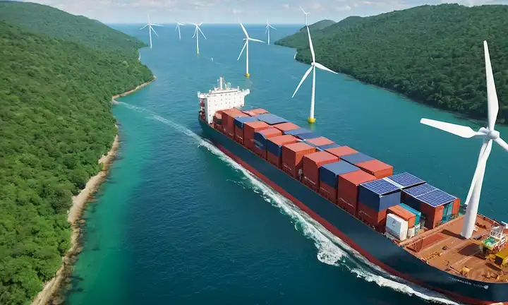 Visualización 3D de buques de carga ecológico navegando por un océano verde, con paneles solares y turbinas eólicas que alimentan un ecosistema sostenible de cadena de suministro, con contenedores reciclables y vehículos eléctricos en tierra