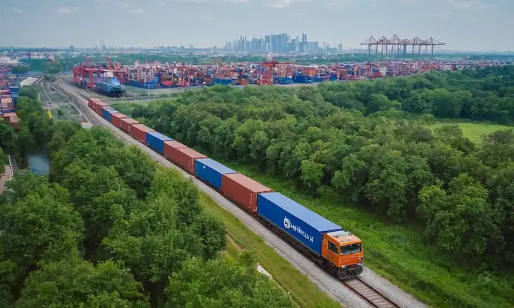 Un tren, árboles verdes, paisaje urbano, transporte sostenible, contenedores de carga, vías ferroviarias, buques de carga, camiones ecológicos, almacén logístico, drone de entrega, símbolo de reciclaje, pantalla digital, teléfono inteligente, navegación por satélite, imágenes