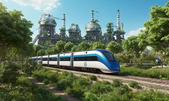Paisaje urbano 3D con trenes híbridos, buques de carga, bicicletas, espacios verdes, símbolos de energía sostenible, engranajes, nodos interconectados, árboles y un cielo azul