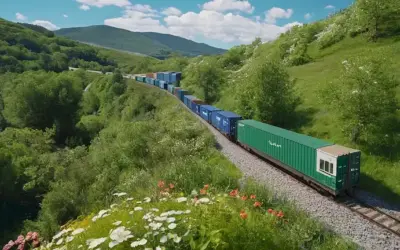 ilustración 3D de un tren verde en una pista de viento