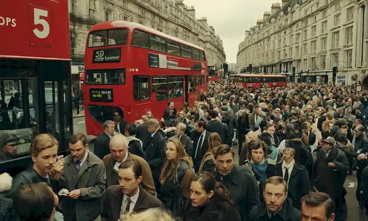 Señales callejeros y multitudes que pasan por las calles ocupadas de Londres, con discusión de asequibilidad, desigualdad y factores de coste en el transporte público. (Traducción: transporte público: un sistema eficiente pero un estilo de vida caro en Londres: costo de vida, desigualdad y oportunidades.)