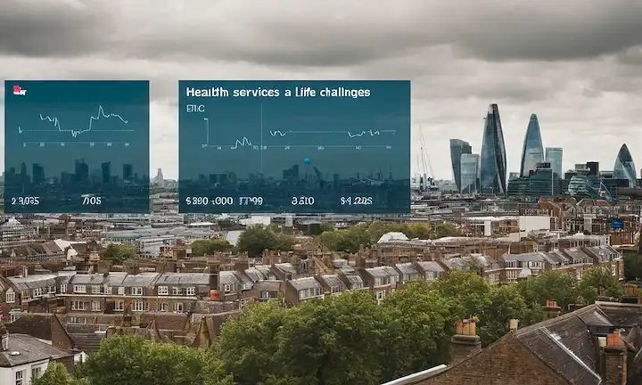 Sistema médico en Londres con desafíos, como la desigualdad y el costo de la vida. Una muestra gráfica que muestra estadísticas de salud junto con el paisaje urbano. (Traducción: Salud y Servicios Médicos: Un Sistema Universal Pero con Desafíos Vivos en Londres: Costo de Vida, Desigualdad y Oportunidades.)