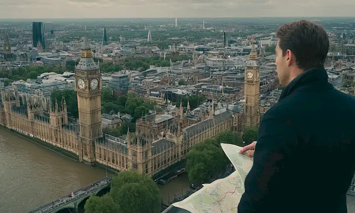 Hombre de pie junto a un mapa y rodeado de edificios; discutiendo temas económicos como el costo de la vida, la desigualdad y las oportunidades en Londres. Una imagen puede incluir hitos icónicos como Big Ben o Tower Bridge, yuxtapuesto con paisaje urbano moderno.