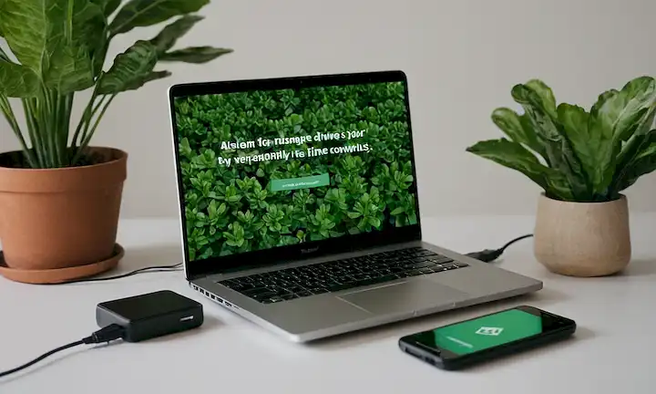 Pantalla con un portátil abierto con conexión a Internet, mientras que la pantalla muestra texto en letras verdes con una imagen gradiente debajo: Las unidades de inclusión cambian. Esta cita está escrita junto a ella. El portátil se coloca sobre un cargador de dispositivo ecológico, rodeado de diversos objetos y plantas reciclados (para un enfoque más ambientalmente consciente). En frente de la computadora hay un documento que muestra numerosos pasos para adoptar hábitos sostenibles, y además son varios archivos relacionados con el desarrollo web – todos con un enfoque digital.