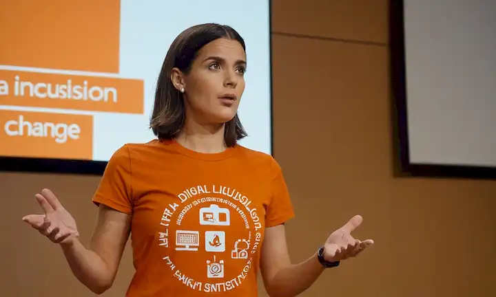 Persona usando una camiseta naranja mientras da una presentación sobre la inclusión digital como catalizador para el cambio. El texto La Inclusión Digital Como Motor De Cambio aparece por encima de su cabeza