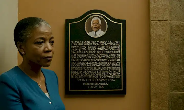 Persona de pie junto a una placa histórica con texto discutiendo los efectos de la memoria compartida y la memoria colectiva sobre la percepción humana. El título se enmarca como parte de un estudio de investigación que explora el recuerdo individual frente a la reiteración social en relación con figuras notables como Mandela, Bambi, etc.