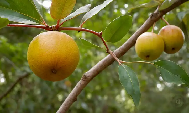 una vibrante escena otoñal con una fruta madrona central, rodeada de exuberante vegetación, cálida luz solar y acentos rústicos de madera, con patrones de rama intrincados y tonos sutiles