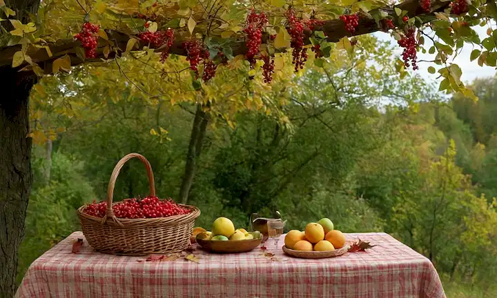 Bosque de otoño, vegetación exuberante, bayas rojas, ramas con hojas, fruta colgada de árboles, canasta rústica, mantel de madera, follaje de otoño, elementos estacionales, escenarios naturales, tonos terrenales