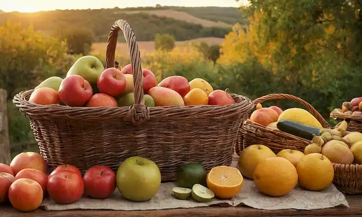 Paisaje otoñal, fruta madronho española en foco, mesa rústica con producción de cosecha, canasta de mimbre rebosante de frutas y verduras, utensilios de madera vintage, paleta de color tono terrenal, luz solar caliente
