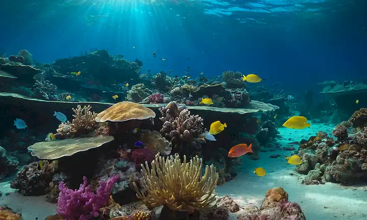Luz solar iluminando brillantemente coloreada ecosistema submarino revelando colores de espectro con una capción que menciona la influencia de la luz en la distribución de color y la excepción de azul.