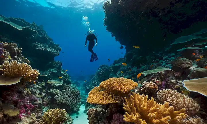 Persona bajo el agua con coral vibrante iluminando las profundidades del océano - capturando los colores llamativos que revelan la vida bajo el mar.