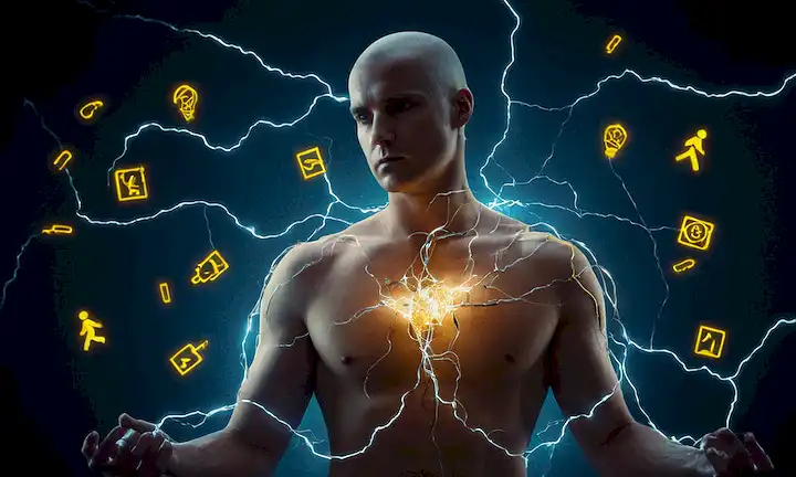 Figura ilustrada de una persona con daño de parte cuerpo con temática eléctrica, rodeada de símbolos de precaución.