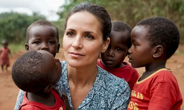 María Galán, mujer española que aboga por la compasión a través de su viaje con sus hijos en Uganda. La breve frase ilustra su misión y logros, insinuando el crecimiento personal y la dedicación que muestra hacia esta labor humanitaria, al tiempo que conecta los temas de la familia y el desarrollo personal en su papel de defensora.
