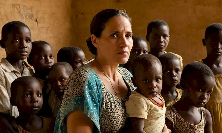 María Galán, una inspiradora madre española a sus muchos hijos en Uganda, ejemplificando valentía y perseverancia durante su viaje.