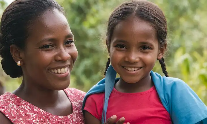 Una joven en África con su madre, sonriendo a un evento comunitario. El título se traduce en una historia de esperanza para un futuro mejor de cinco años y una madre - María Galán, la historia de una mujer española en Uganda. Esta es una cita de la autora Elena Poniatowska sobre su experiencia de reportaje cubriendo a El Salvador durante los años 80.