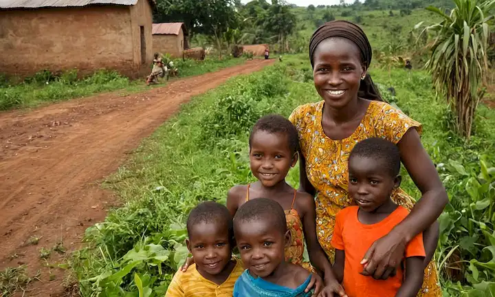 Una madre joven con múltiples hijos en un pueblo rural ugandés trabajando en la agricultura mientras sonríe con orgullo a la cámara. Texto escrito dice Maria Galan, la historia de una madre española en Uganda: 20 años y 3 niños - Una familia de amor y esperanza.