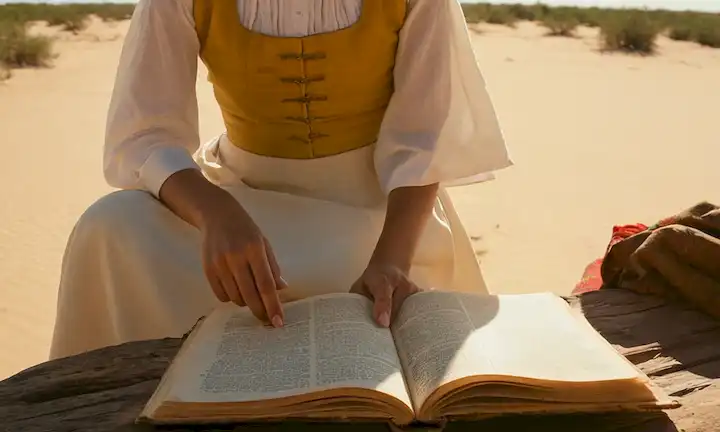 Worn tattered pages of a book held by a weary hand