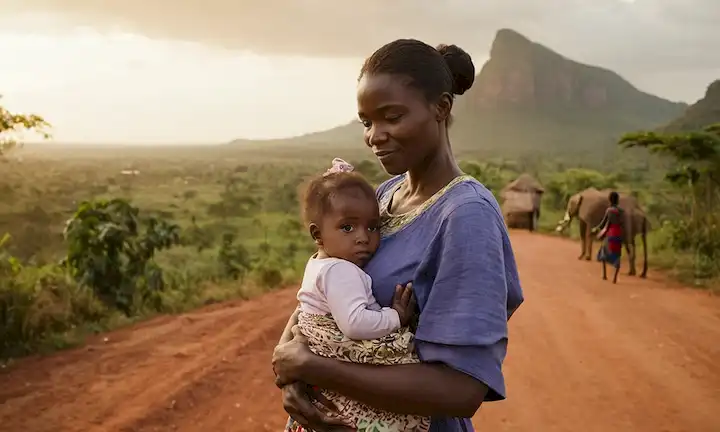 Una madre que sostiene a su hija joven frente a un futuro brillante, con paisajes africanos y símbolos culturales visibles. El personaje del título, María Galán, cuenta la inspiradora historia de su viaje trabajando para apoyar a los niños necesitados en Uganda.