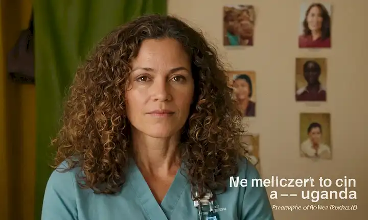Una mujer a mediados de los años 40 con una tez cálida y un largo cabello rizado, de pie frente a un telón de fondo con imágenes de su viaje como voluntaria médica en Uganda. El texto overlay, Preguntas para reflexionar de 18 años y 2 hijos con el nombre de María Galán, la historia de una española en Uganda., muestra los elementos de pregunta relacionados con la historia personal y el impacto que ha tenido en los temas de sus hijos vidas.