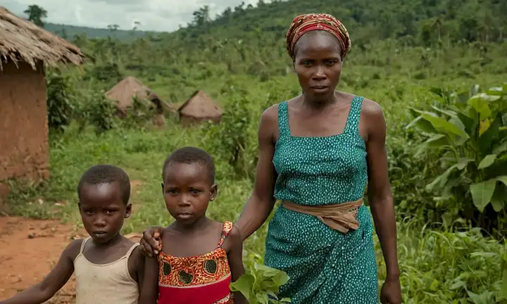 A mother tending to her children in a rural Ugandan village. Ella es retratada como apasionada, resiliente, y decidida a pesar de enfrentar retos significativos, simbolizando la fuerza, la perseverancia y la gracia en medio de la adversidad. Esta representación muestra los valores de una exitosa relación madre-hija en medio de barreras ambientales, culturales y socioeconómicas.