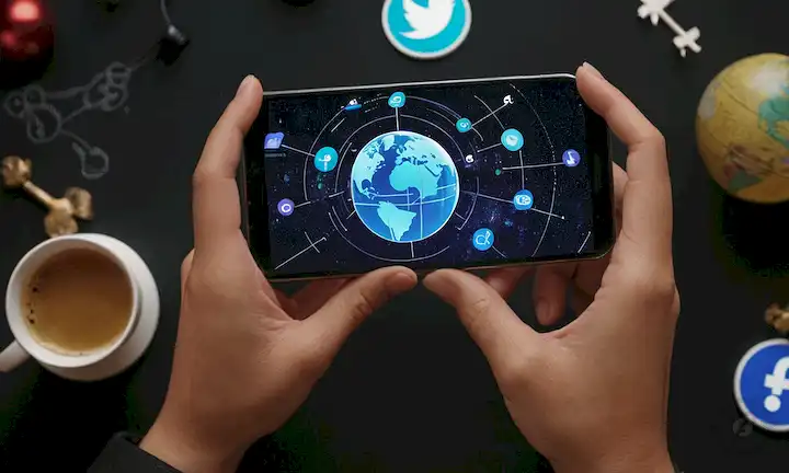 Gráfico 3D en aumento, sonriendo personas rodeadas de iconos de redes sociales, manos sosteniendo dispositivos móviles con gráficos analíticos, un globo con estadísticas girando alrededor de él, y un barco de cohete explotando con métricas de compromiso